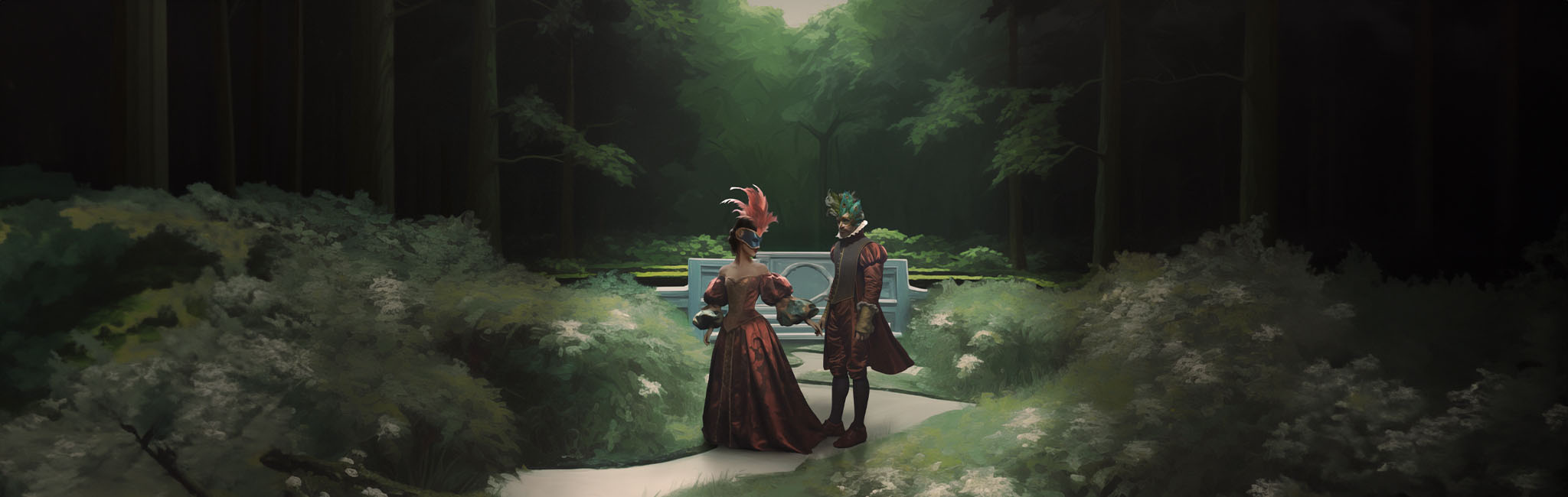 A garden with two people walking in formal 18th century attire. 