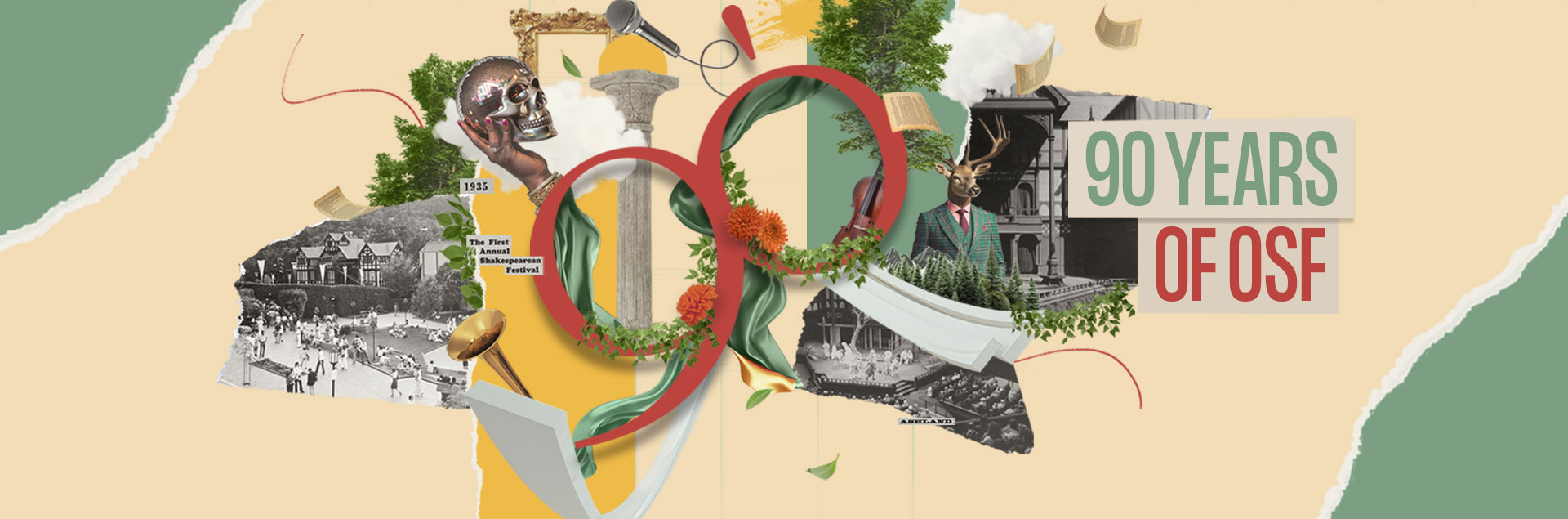 A playful collage showcasing vintage imagery blended with nature and abstract shapes. Includes a microphone, a skull prop from a theater scene, and foliage wrapping around classic architecture.