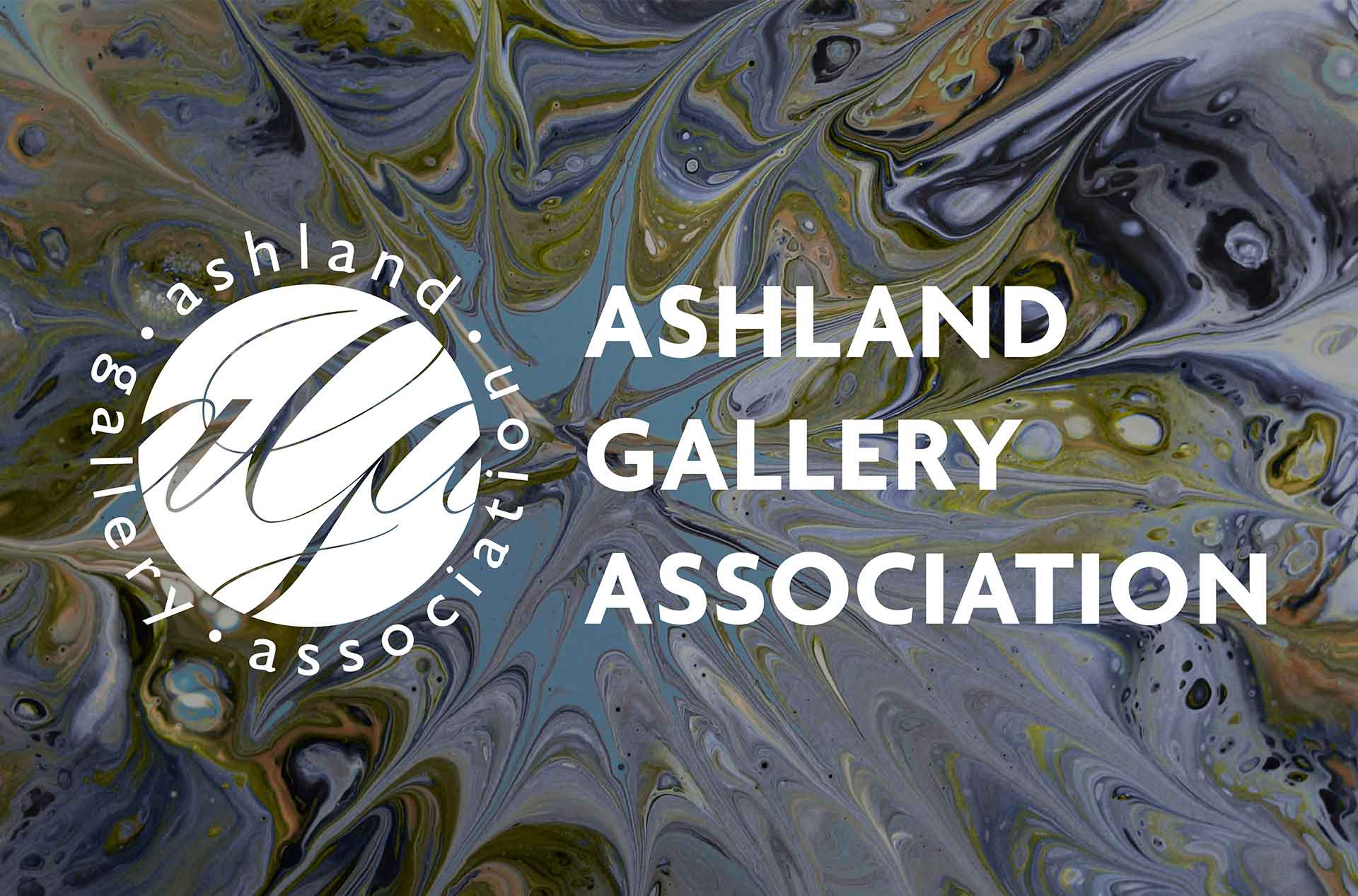 Logo for the Ashland Gallery Association over a marbled abstract background with swirls of blue, green, yellow, and black. White text displays the organization’s name and circular logo.