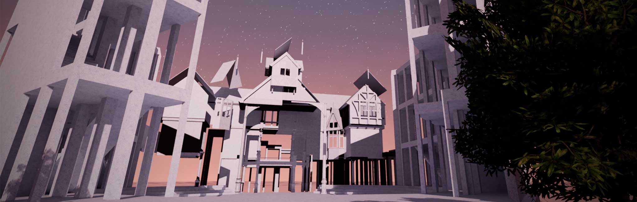 Quills Fest VR world with buildings.