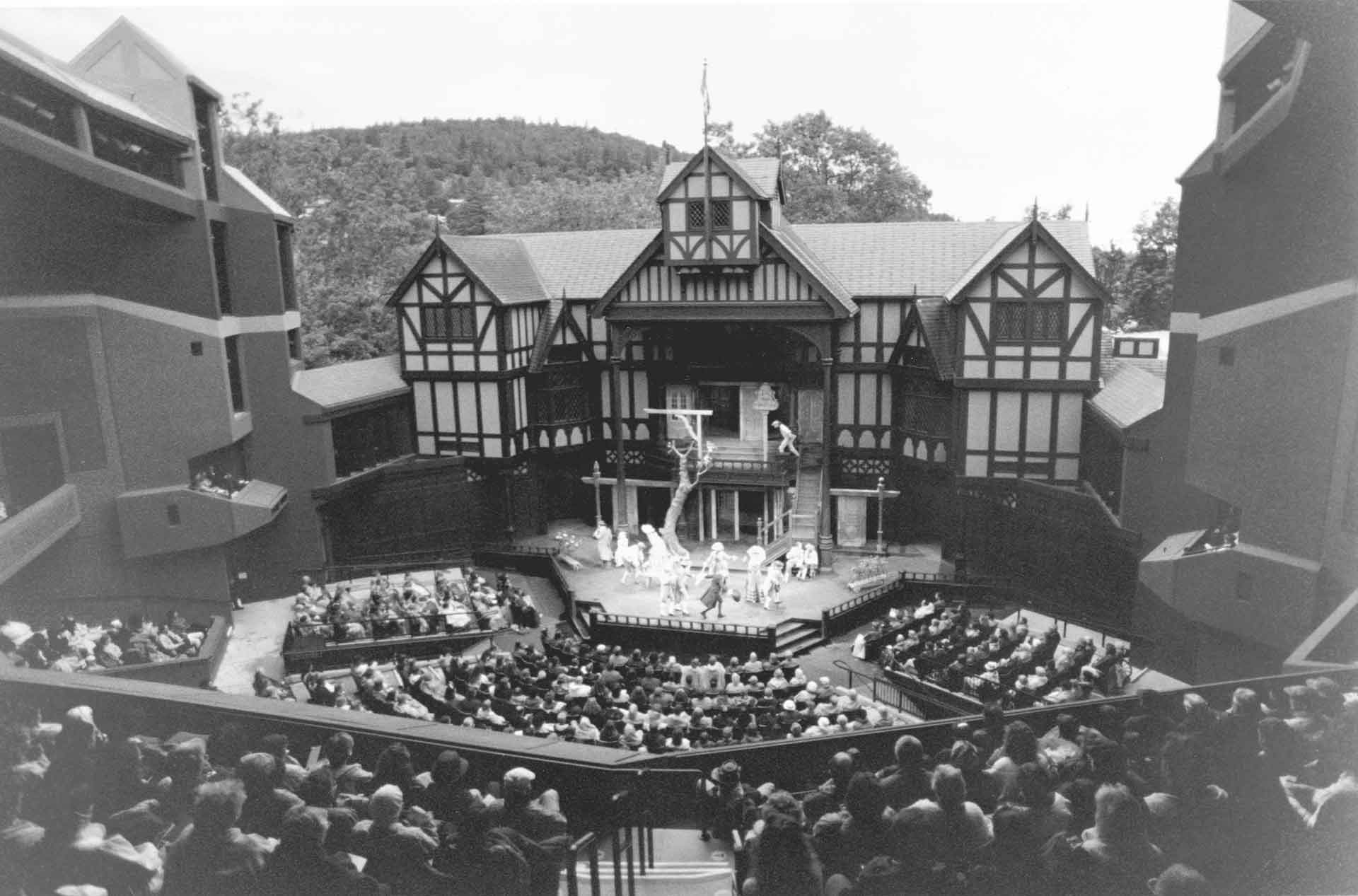 View of outdoor theater stage from high up in the audience.