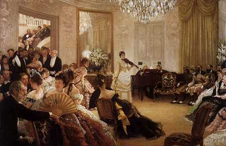 Painting of a Victorian gathering with woman playing a violin