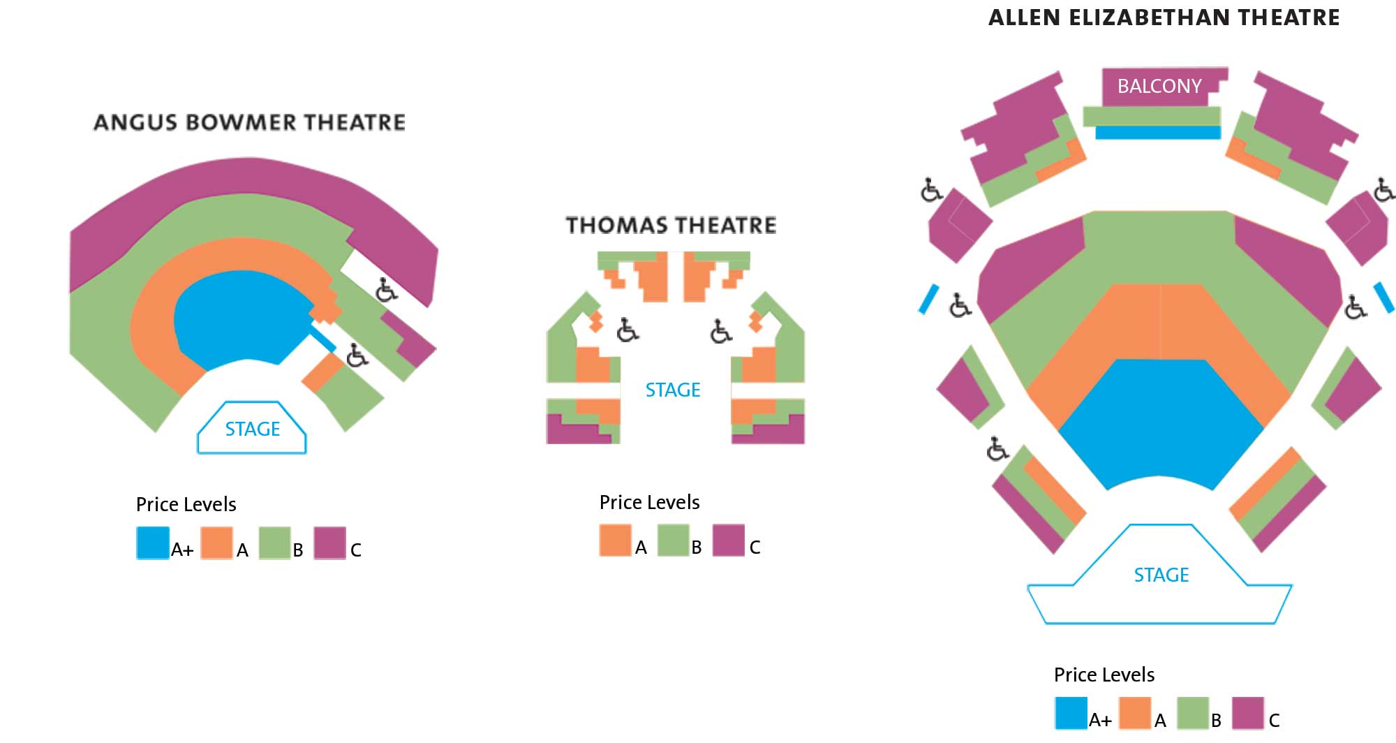 A colorful zone map for the Angus Bowmer, the Thomas and the Allen Elizabethan theatres.