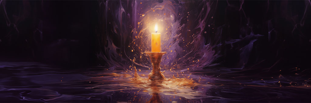 A candle set against a purple and black background.