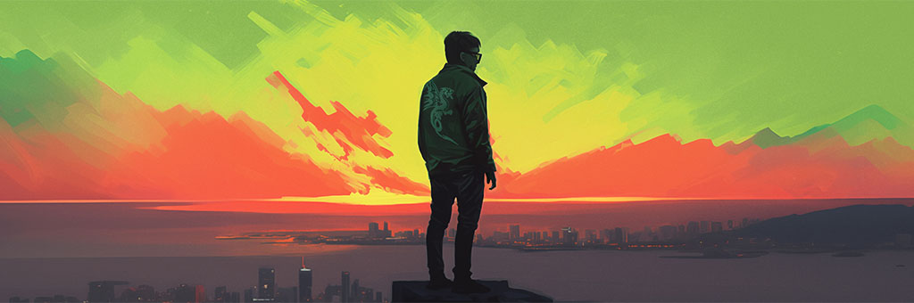 A silhouette of a person looking off into the distance.