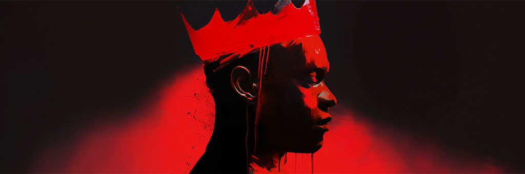 The profile of a face wearing a crown.