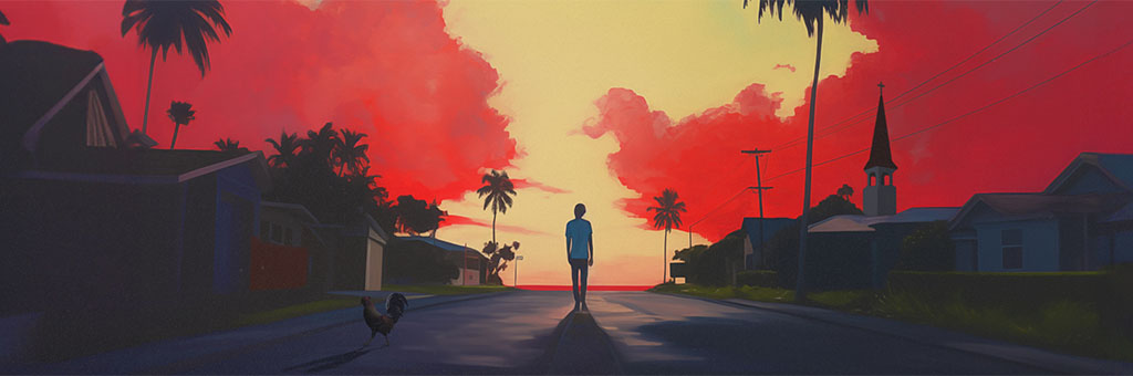 A red and yellow sky over a dark town with a person walking down the middle of the street.