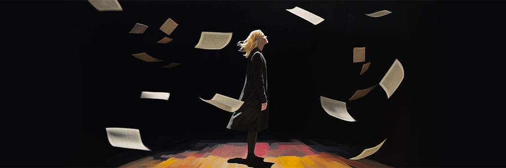 A women standing looking toward the sky with papers floating down all around her.