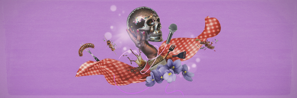 A disco ball skull in a vibrant purple scene, surrounded by barbecue tools, a red gingham cloth, and food items like skewered meat. Flowers and musical elements hint at a celebratory atmosphere.