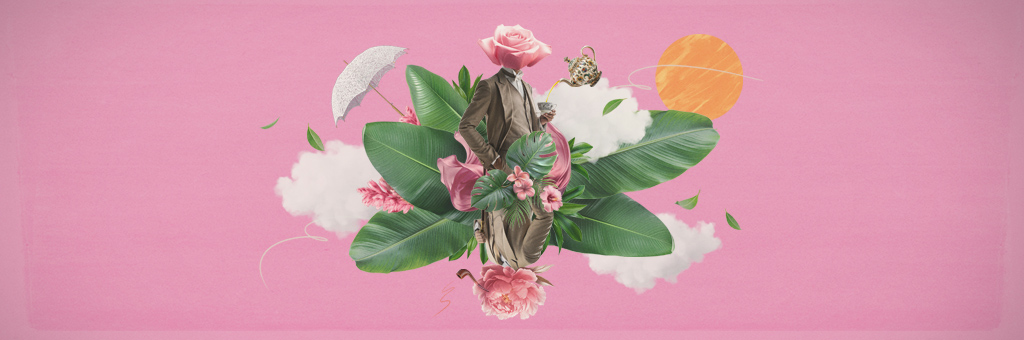 A whimsical pink-toned collage with a figure made of a rose and leaves, pouring tea from a decorative teapot. The background includes clouds, flowers, and a bright sun, evoking an elegant, surreal tea party.