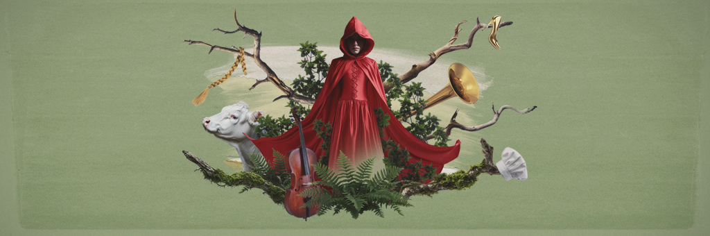 A figure in a red hooded cloak stands amidst a forest scene with a violin and natural elements. A cow’s head, tree branches, and brass instruments add a magical and rustic vibe.