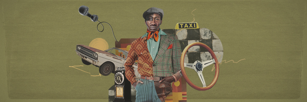A vintage-inspired collage featuring a person in a plaid suit, an old telephone, a taxi sign, and a retro car. The warm, earthy tones and vintage objects suggest themes of transportation and nostalgia.