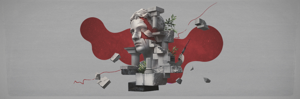 A fragmented marble bust of a classical figure, breaking apart with a red abstract background. The statue is surrounded by columns, plants, and a hand holding a dagger, symbolizing themes of betrayal.