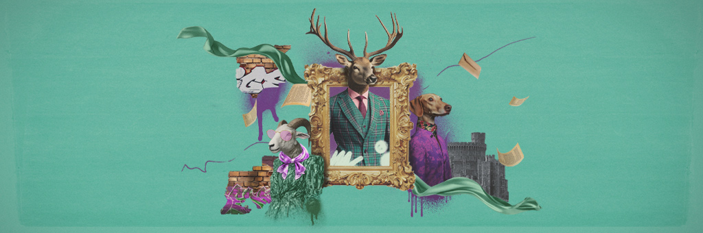 A surreal collage featuring a deer in a suit framed in a golden ornate frame, a dog in a purple coat, a sheep wearing sunglasses, and a medieval castle backdrop. Scattered pages and graffiti details add an urban, whimsical touch.
