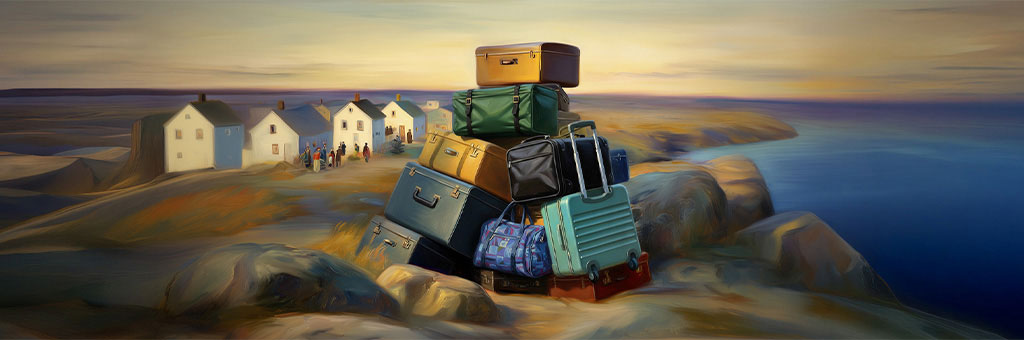 A tall pile of colorful suitcases sits on rocky ground near a calm sea, with a village of white cottages and gathered figures in the background.