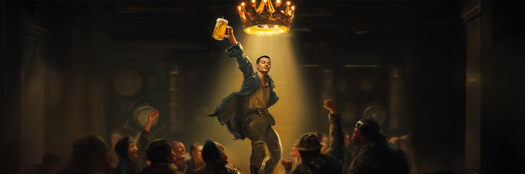 An individual stands on a table holding up a frothy beer mug toward a crown-shaped chandelier, surrounded by a cheering crowd in a dim room.