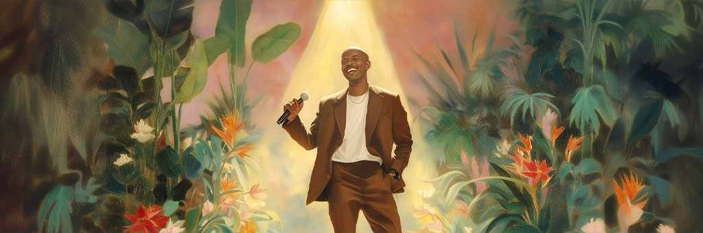 A person in a brown suit smiles while singing into a microphone under a warm spotlight, surrounded by tropical plants and bright flowers.