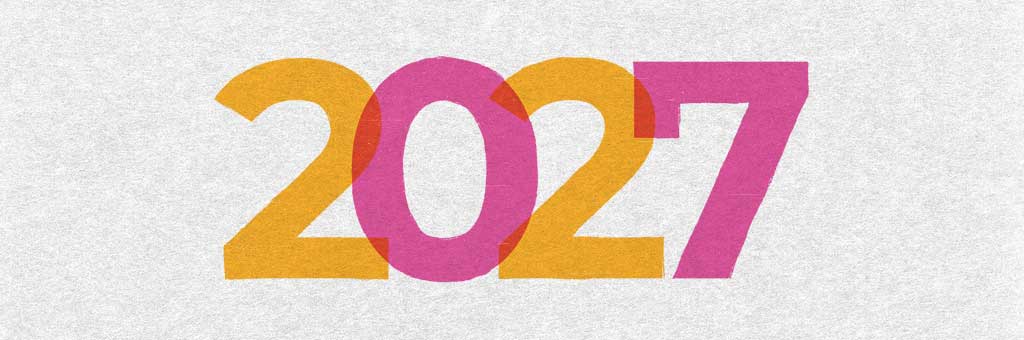 Pink and orange numbers “2027” centered on a textured light gray background with a thin red border around the edge