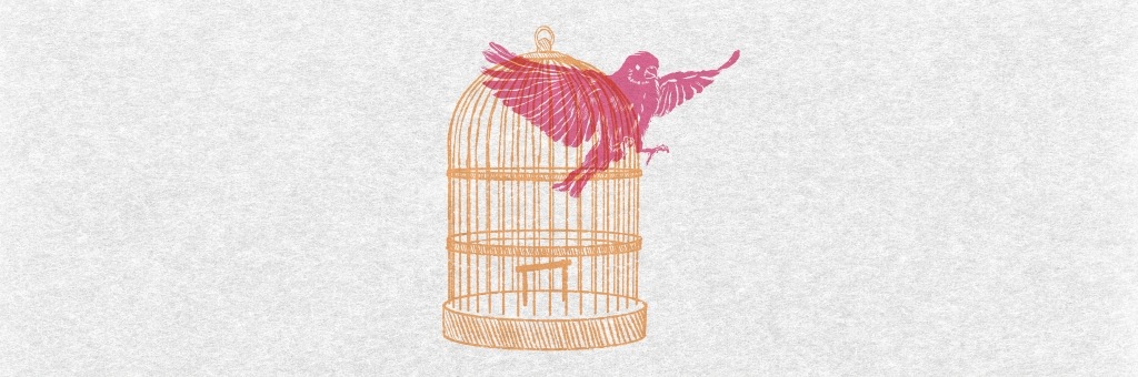 Pink bird flying out of a golden birdcage.