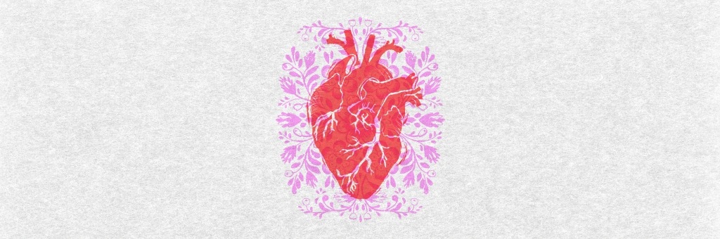 Anatomical heart surrounded by decorative floral shapes in pink and red.