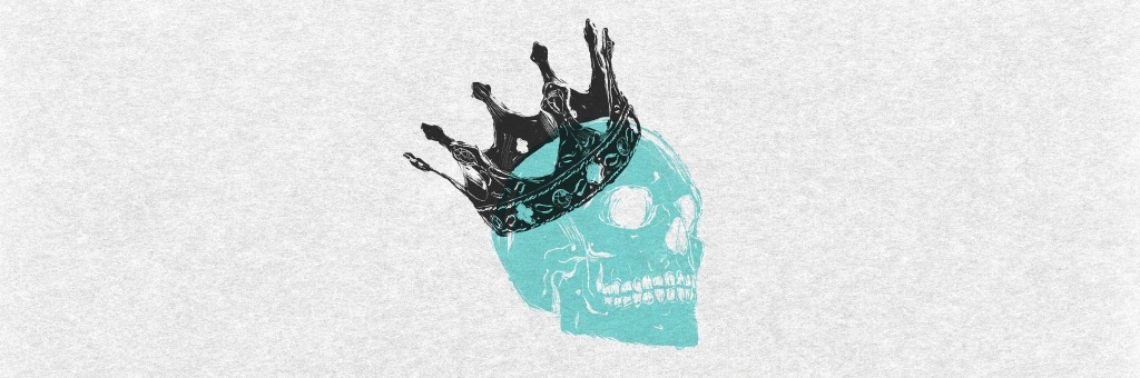 Blue skull wearing a black crown.