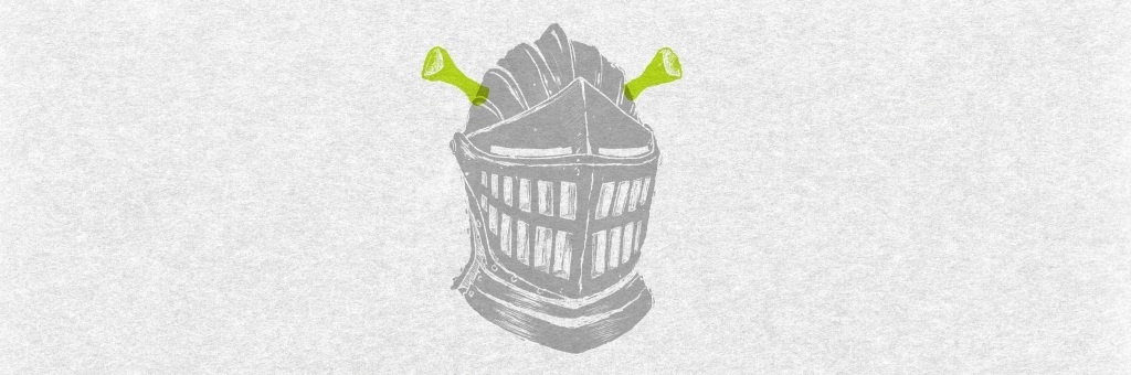 Medieval knight helmet with bright green ogre ears.