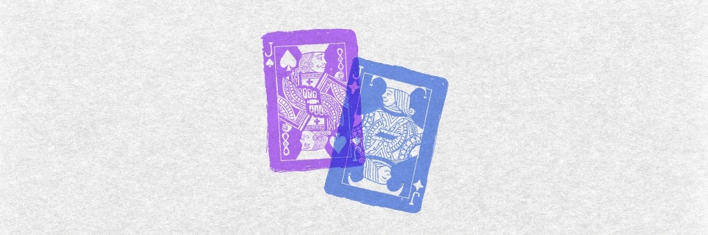 Two overlapping playing cards in purple and blue tones.