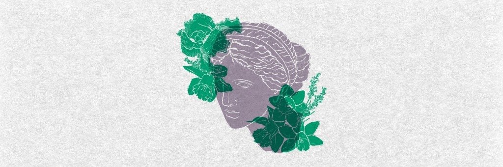 Poster-style illustration featuring a classical female profile overlaid with green flowers and leaves in muted green and lavender tones.
