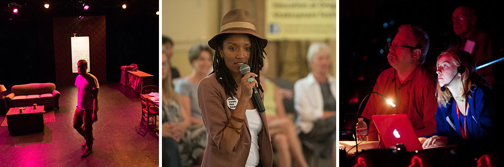 Three sections: a person walking across a set, a person holding a microphone and two people with headsets looking toward the left.