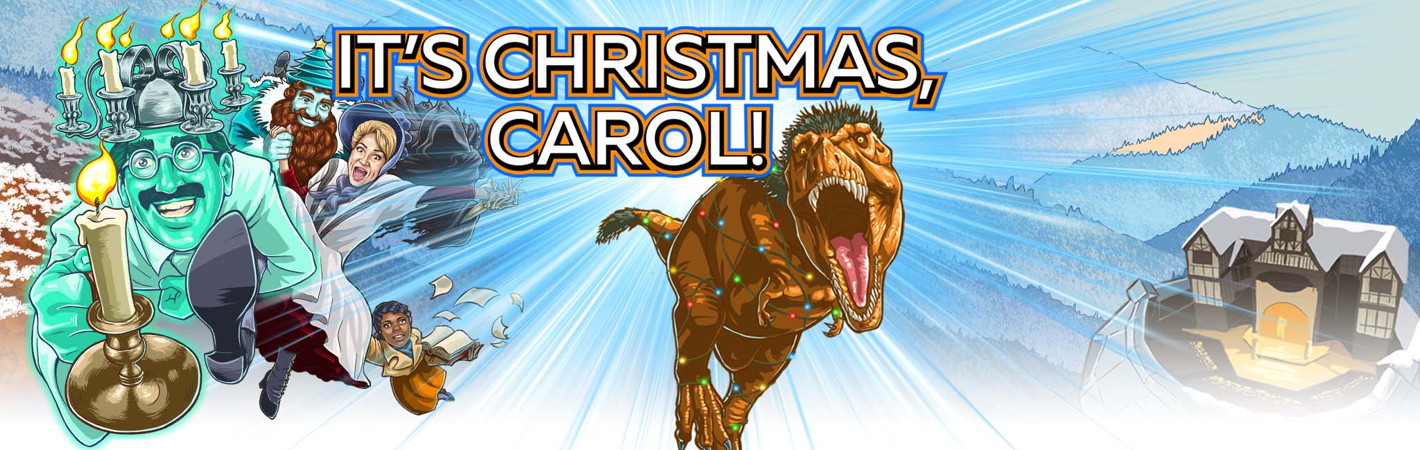 Characters running from a T. Rex in a snowy scene