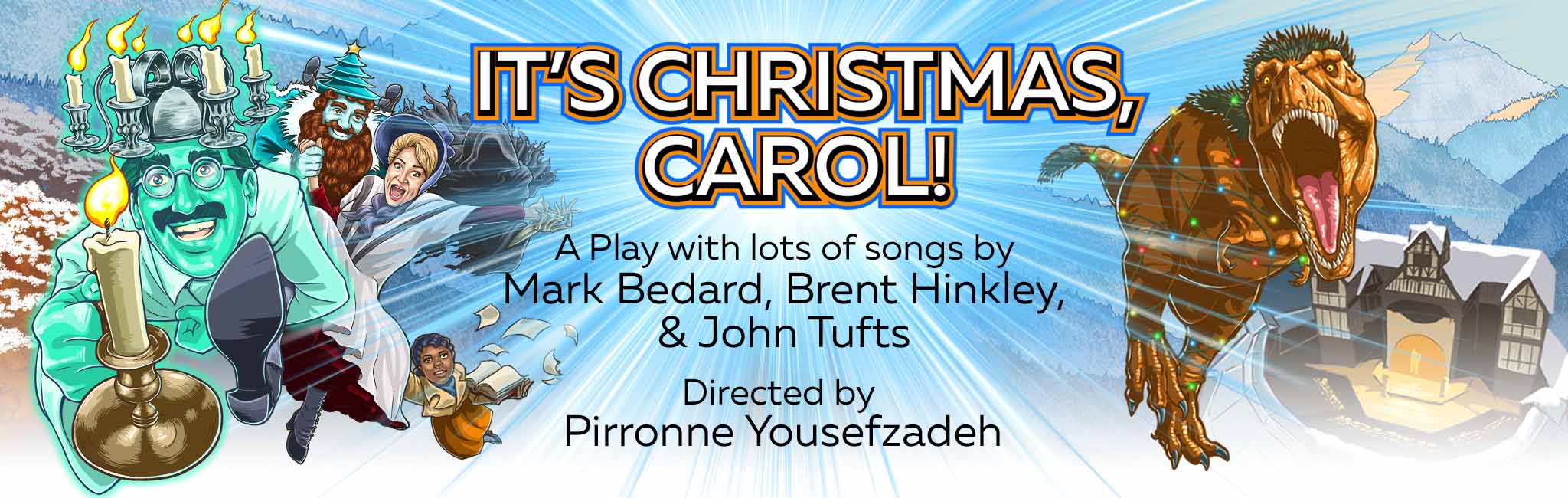 Computer graphic ghosts on the left and a dinosaur and the Allen Elizabethian Theatre on the right.