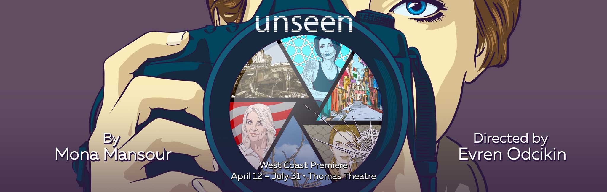  Computer graphic close up of a woman's face holding a camera.