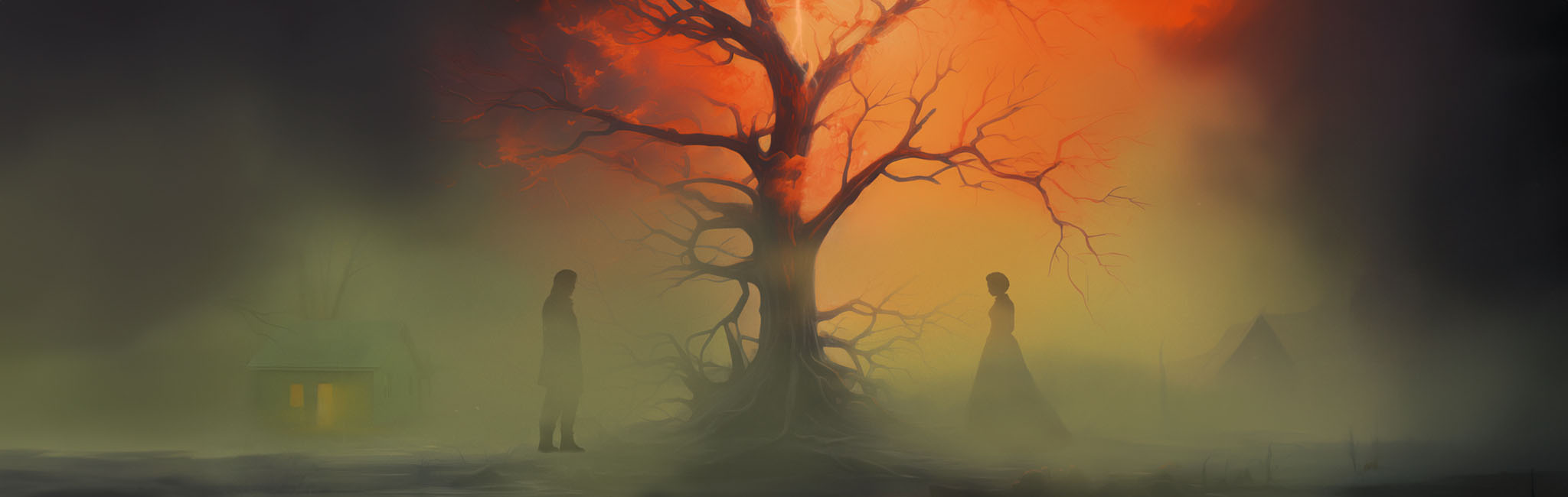 A bare tree with two people walking toward it from opposite directions.