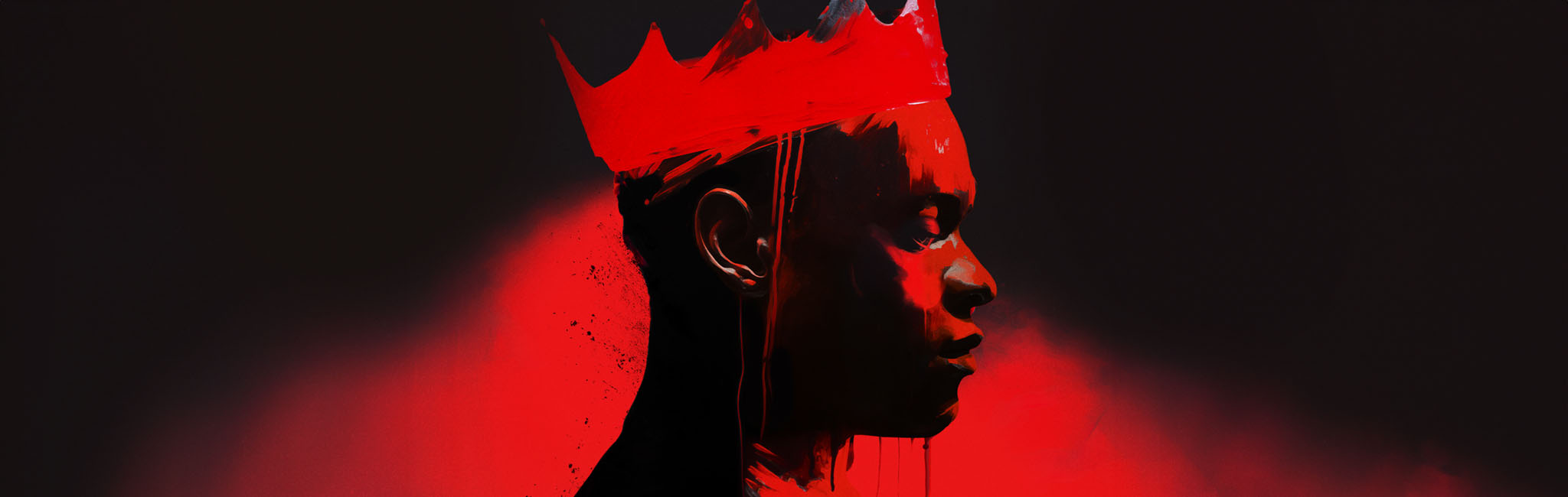 The profile of a face wearing a crown.