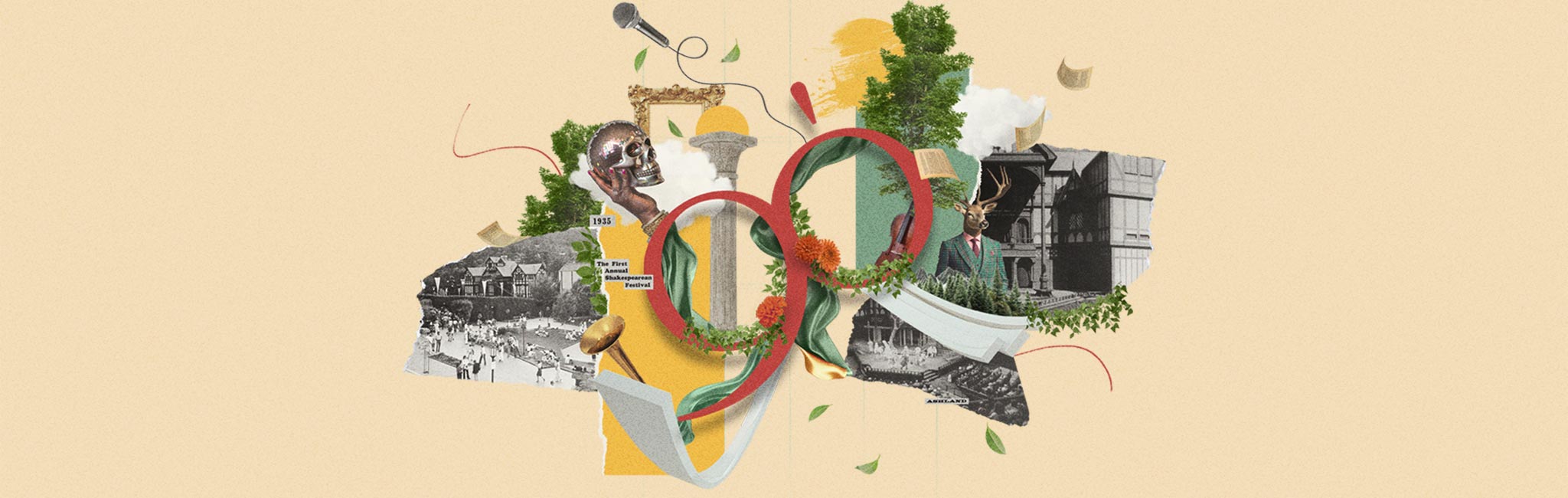 A playful collage showcasing vintage imagery blended with nature and abstract shapes. Includes a microphone, a skull prop from a theater scene, and foliage wrapping around classic architecture.