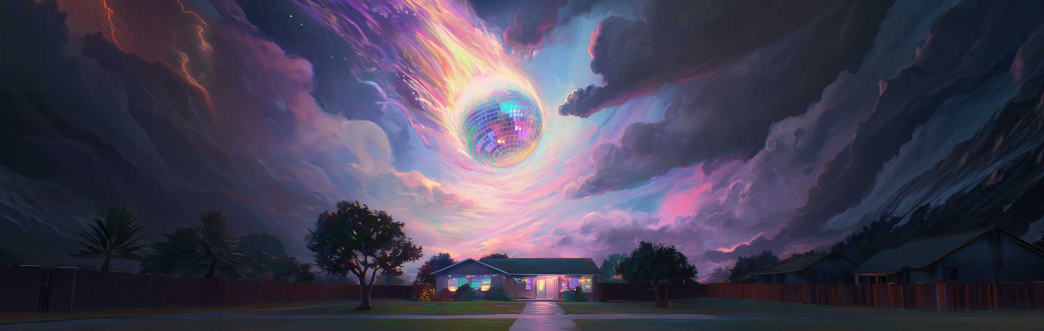 A glowing disco ball with a flaming tail streaks through a vivid stormy sky over a suburban home lit warmly from within.
