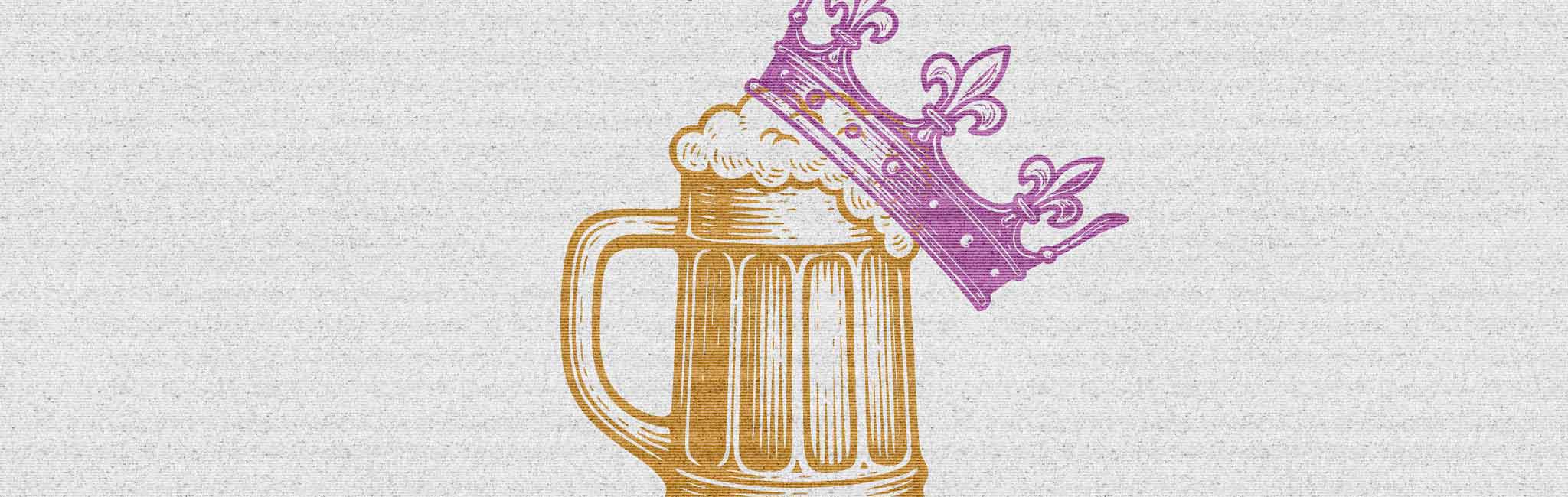 A foamy beer mug in golden tones with a tilted purple crown resting on top.