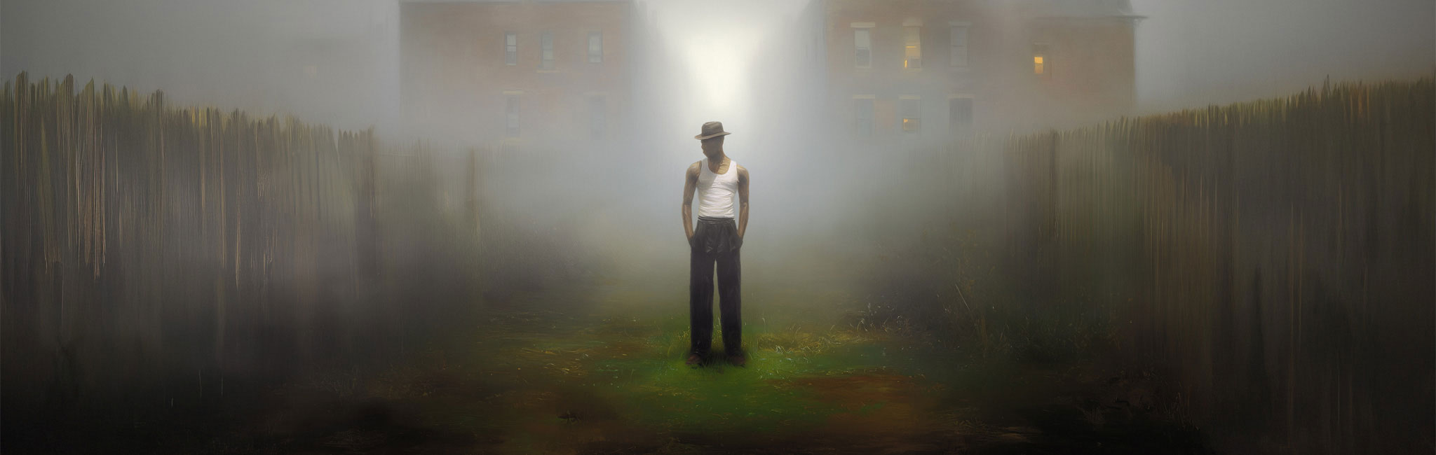 A lone figure in dark pants, white tank top, and a fedora stands between wooden fences in a foggy alley, illuminated by a narrow beam of light.
