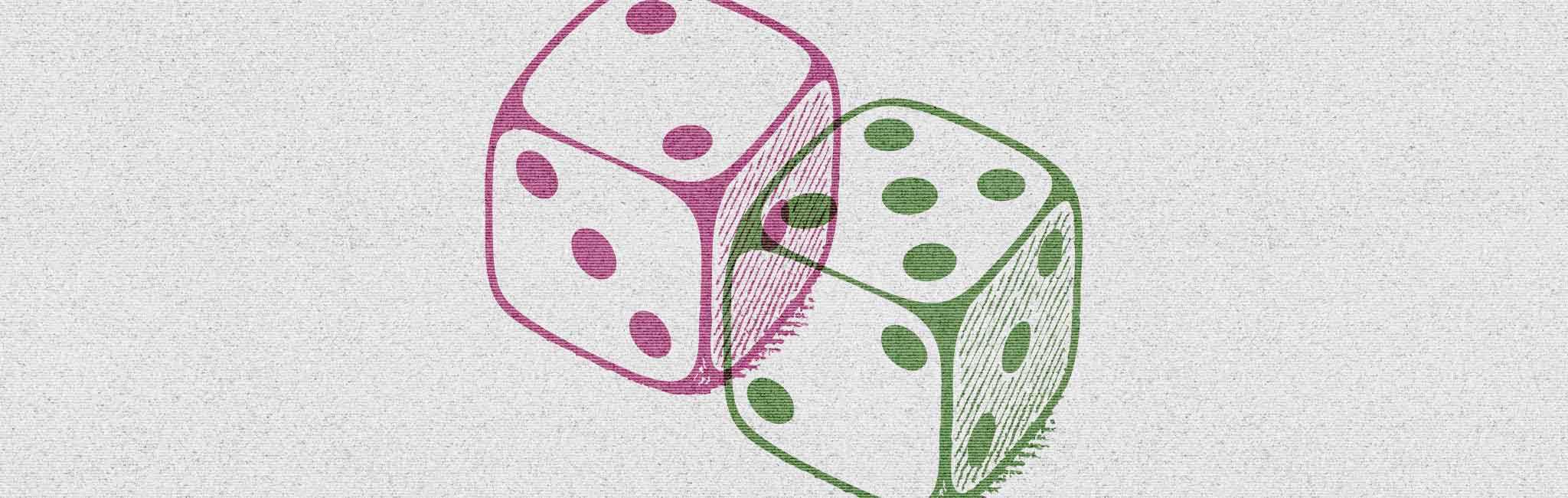 Two dice overlapped, one pink and one green, showing different numbers on their visible faces.