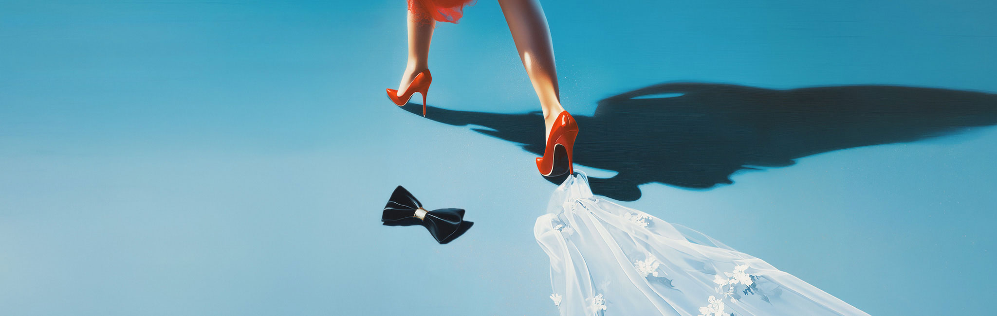 An individual wearing red high heels walks across a blue surface, trailing a white bridal veil with a black bow tie left behind on the ground.