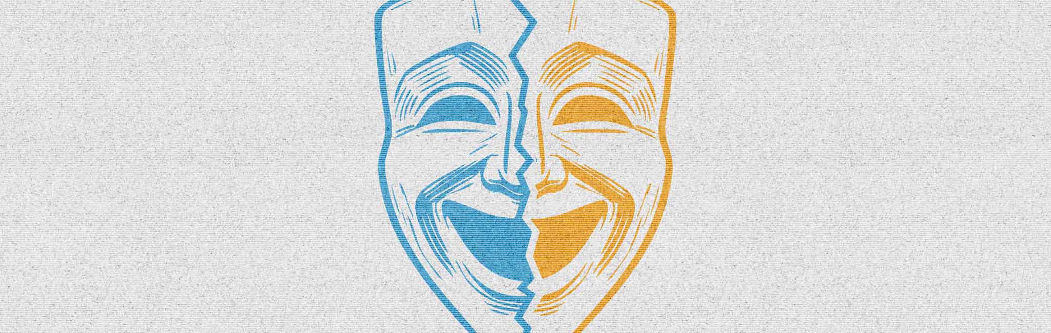 A cracked theatrical comedy mask split into blue and yellow halves, both sides smiling.