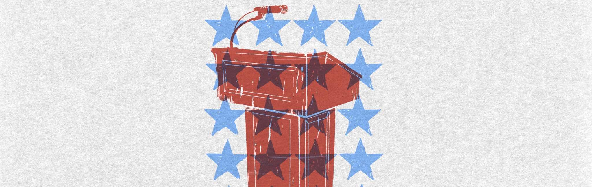 Red and blue stylized podium surrounded by stars.