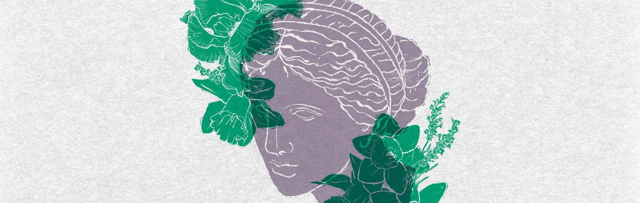 Poster-style illustration featuring a classical female profile overlaid with green flowers and leaves in muted green and lavender tones.