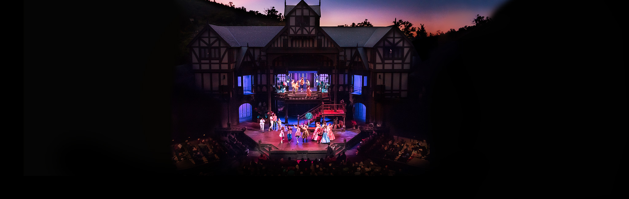 A wide shot of the Allen Elizabethan stage showing the audience watching a play.