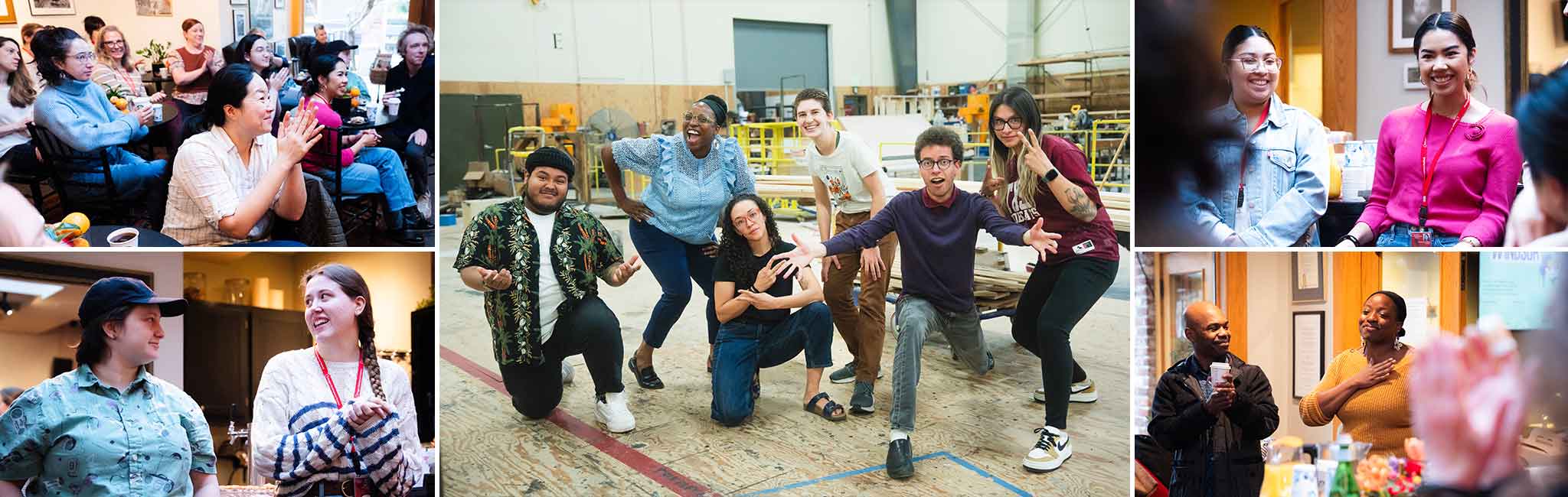 Collage of candid workplace moments. Groups of people are shown smiling, clapping, and interacting in various indoor settings, including a workshop and a meeting room. The images highlight a sense of community and collaboration.