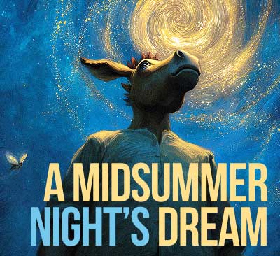 A human-like figure with a donkey head looks up at a glowing spiral in a starlit forest, while glowing fairies float nearby, with the title “A Midsummer Night’s Dream” in pink text at the top.