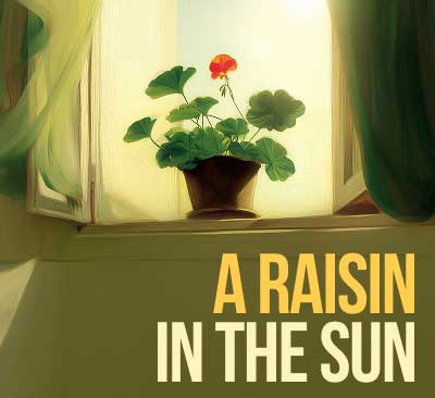 A single red flower blooms in a small pot on a windowsill, bathed in soft sunlight through an open window with flowing green curtains and the title “A Raisin in the Sun” in green text.