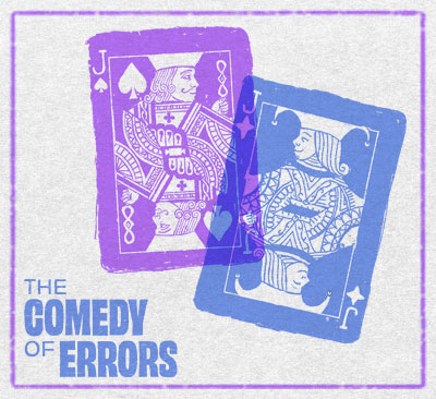 Two overlapping playing cards in purple and blue tones with the title “The Comedy of Errors.”