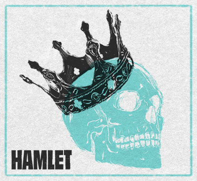 Blue skull wearing a black crown above the title “Hamlet” in a minimalist theatrical poster design.
