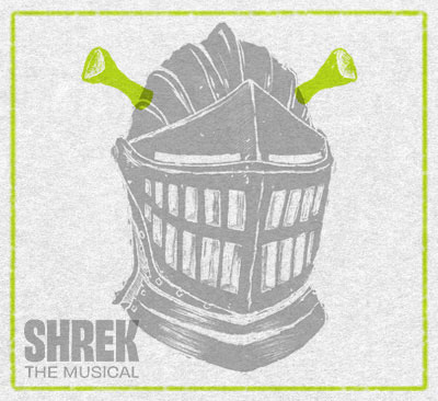 Medieval knight helmet with bright green ogre ears and the text “Shrek The Musical” in a simple graphic style.